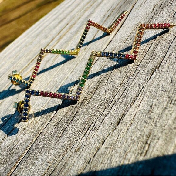 Dazzling Zigzag Rainbow Earrings – Gold Plated Multicolor Zigzag Earrings - Picture 11 of 17